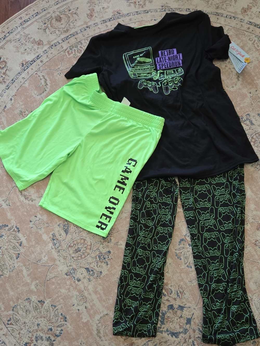 Cat & Jack 3 Pc GAME OVER Pajama Set Recycled Polyester Black Neon Green XXL NEW